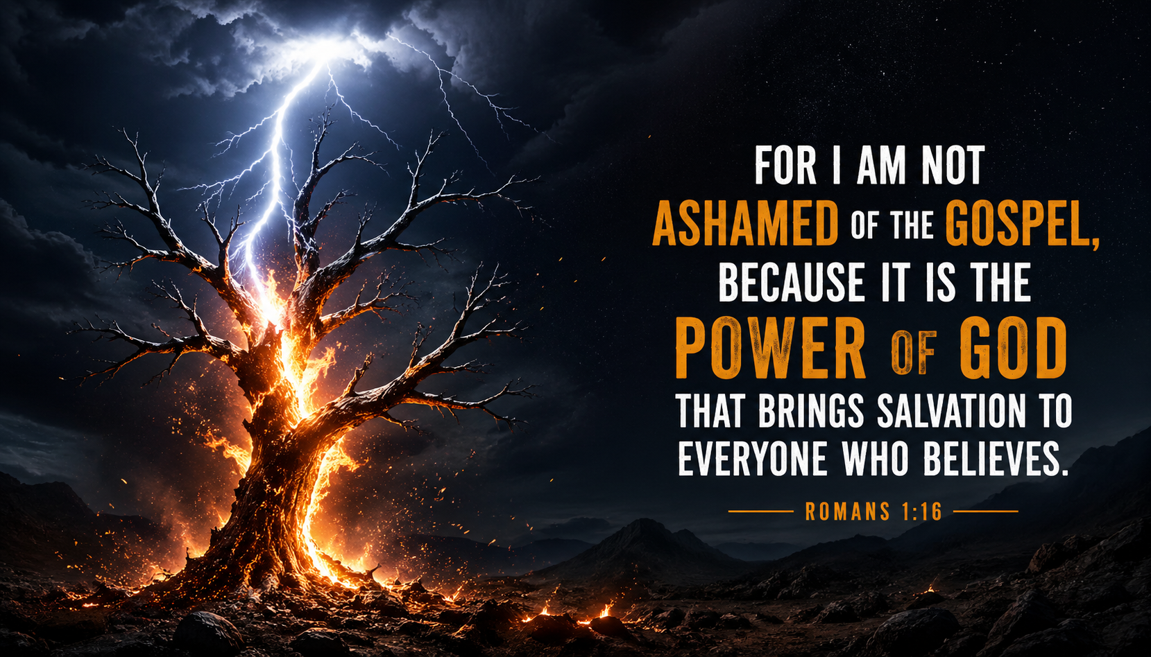 Bible verse wallpaper Romans 1:16 with lightning bolt striking dead tree and setting it ablaze against night sky